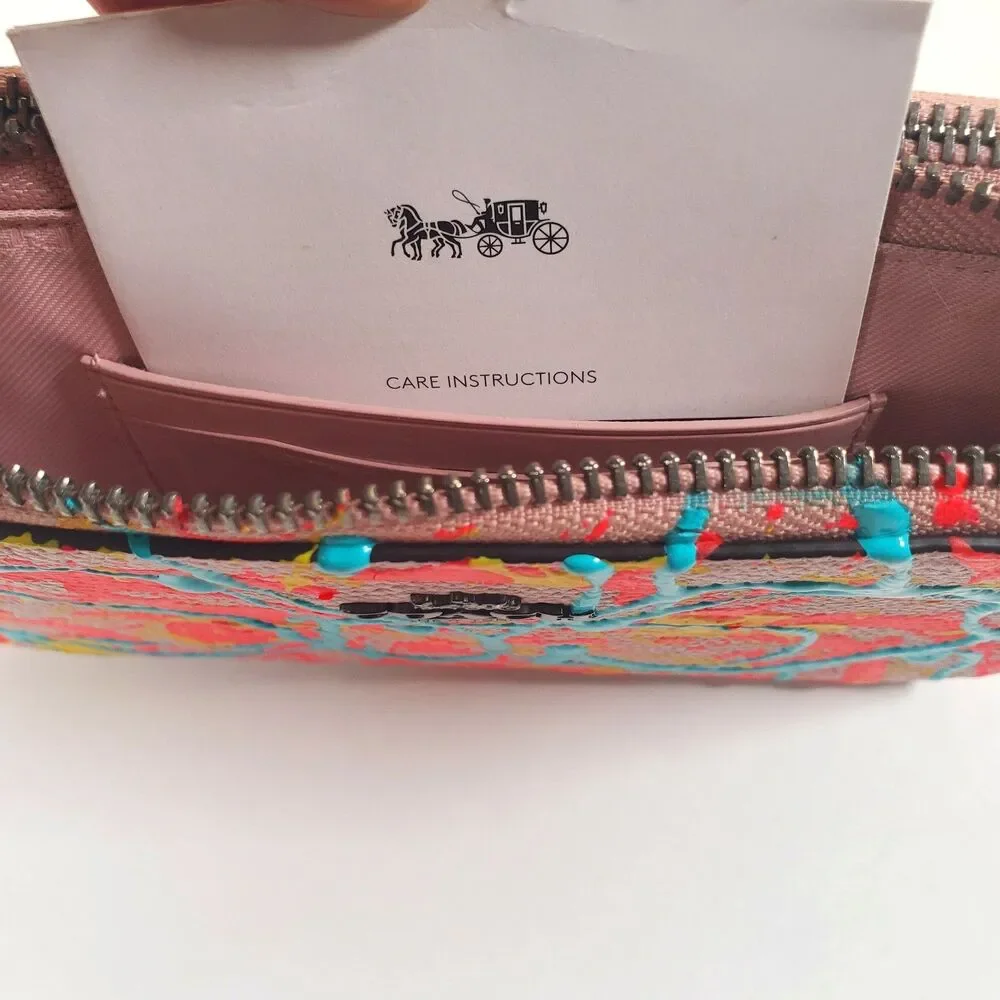 Coach Women’s Clutch Pink Leather Graphic Hand Painted Neon Wristlet 